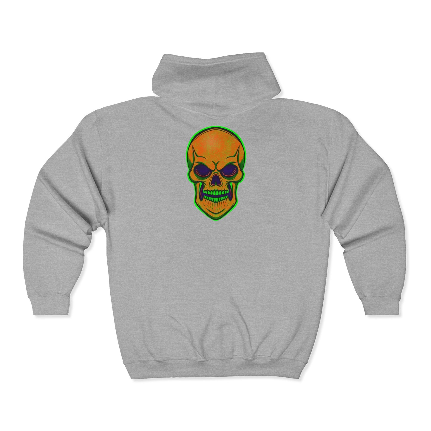 Skull Jack-O Zip Hoodie — Neon Halloween Skull Full-Zip Sweatshirt