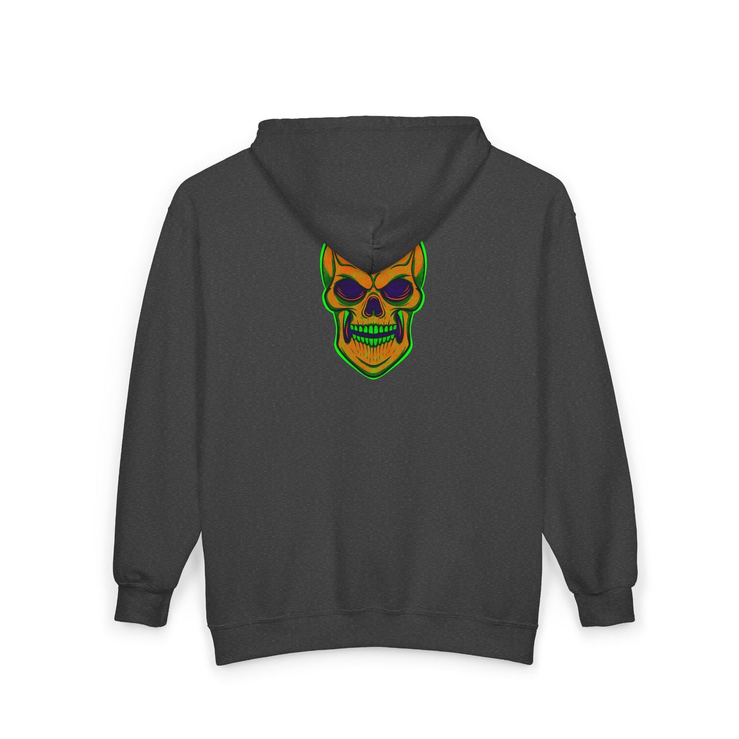 Skull Jack-O Zip Hoodie — Neon Halloween Skull Full-Zip Sweatshirt