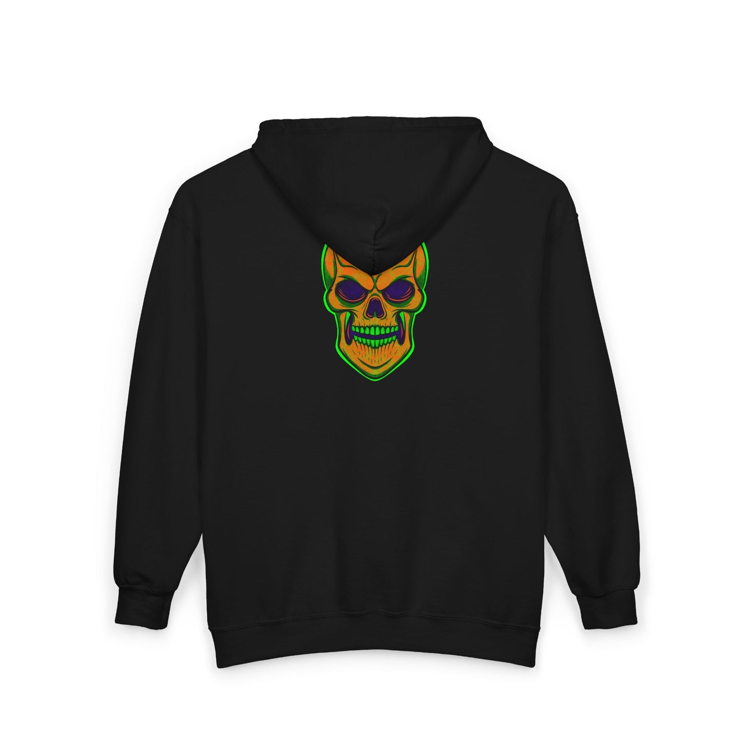 Skull Jack-O Zip Hoodie — Neon Halloween Skull Full-Zip Sweatshirt