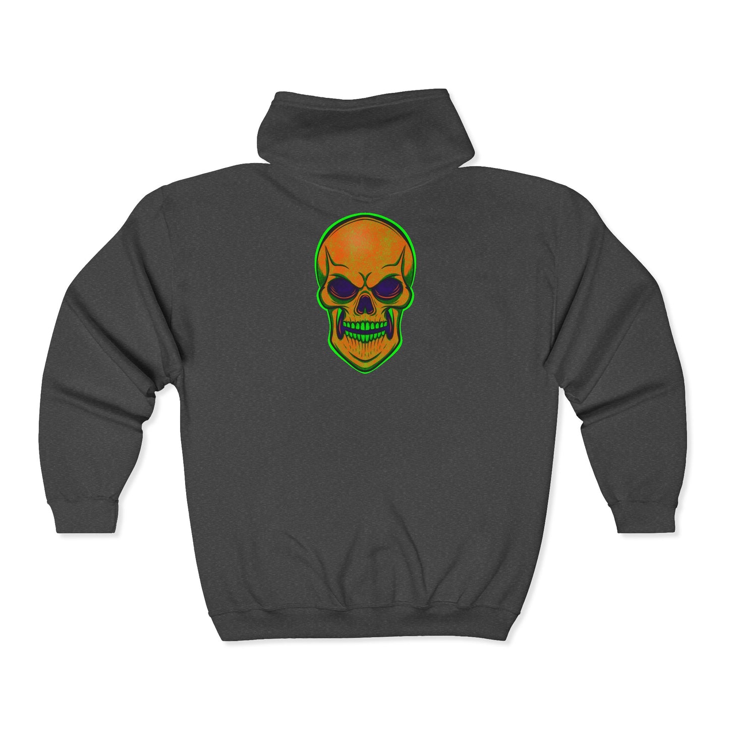 Skull Jack-O Zip Hoodie — Neon Halloween Skull Full-Zip Sweatshirt