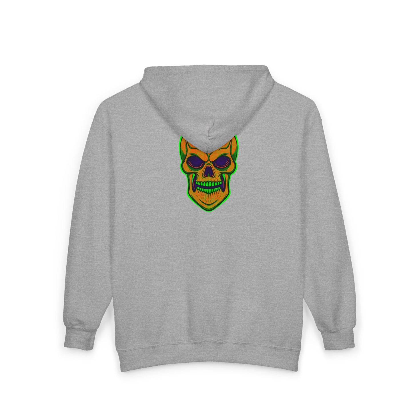 Skull Jack-O Zip Hoodie — Neon Halloween Skull Full-Zip Sweatshirt
